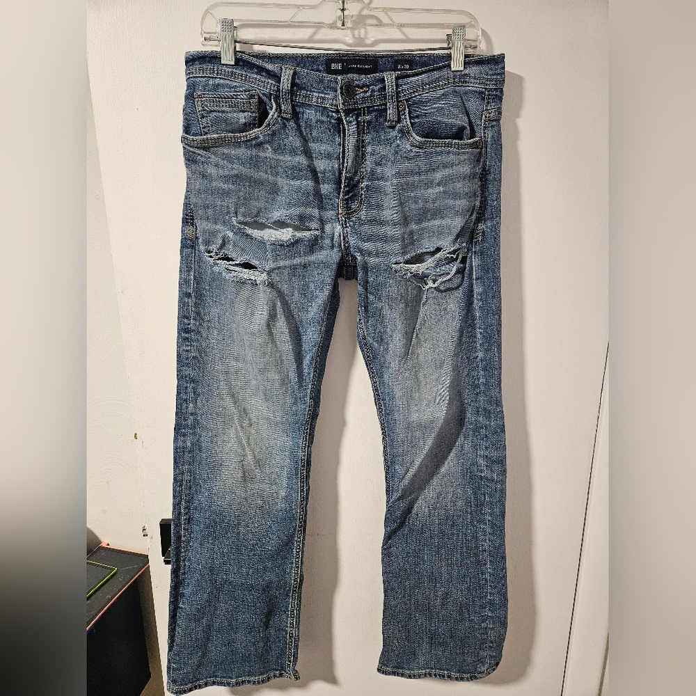 BKE Men's Straight Blue Distressed Jeans